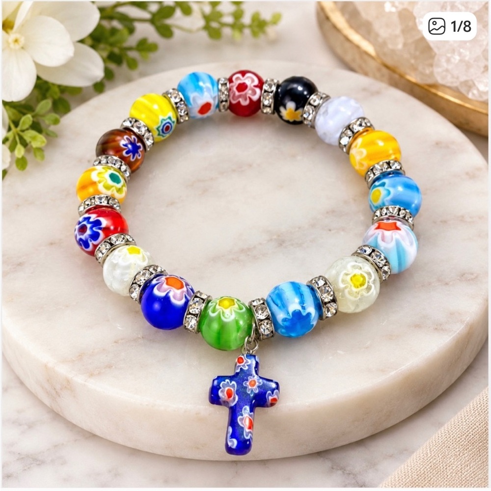 Fashion Jewelry Multicolor Millefiori Bead Bracelet Floral Cross Charm Rosary